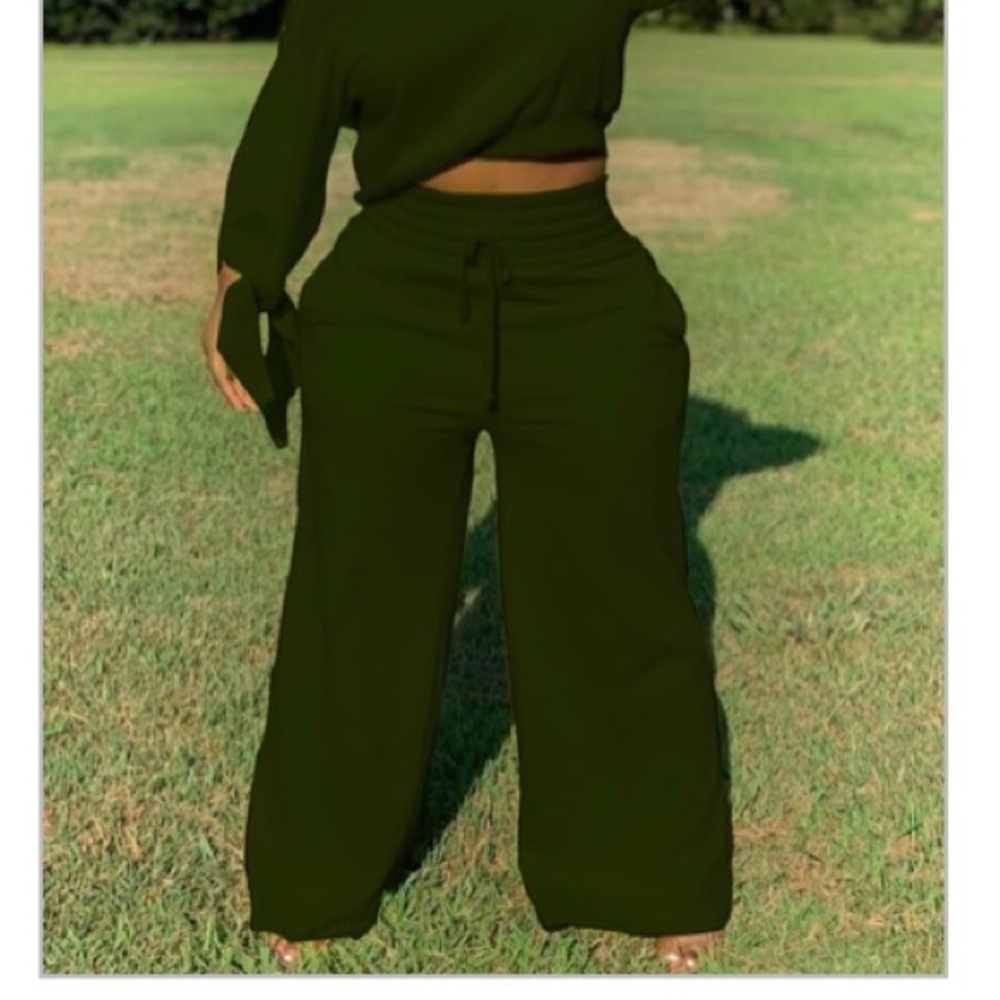 Casual Drawstring Loose Green Two-piece Pants Set